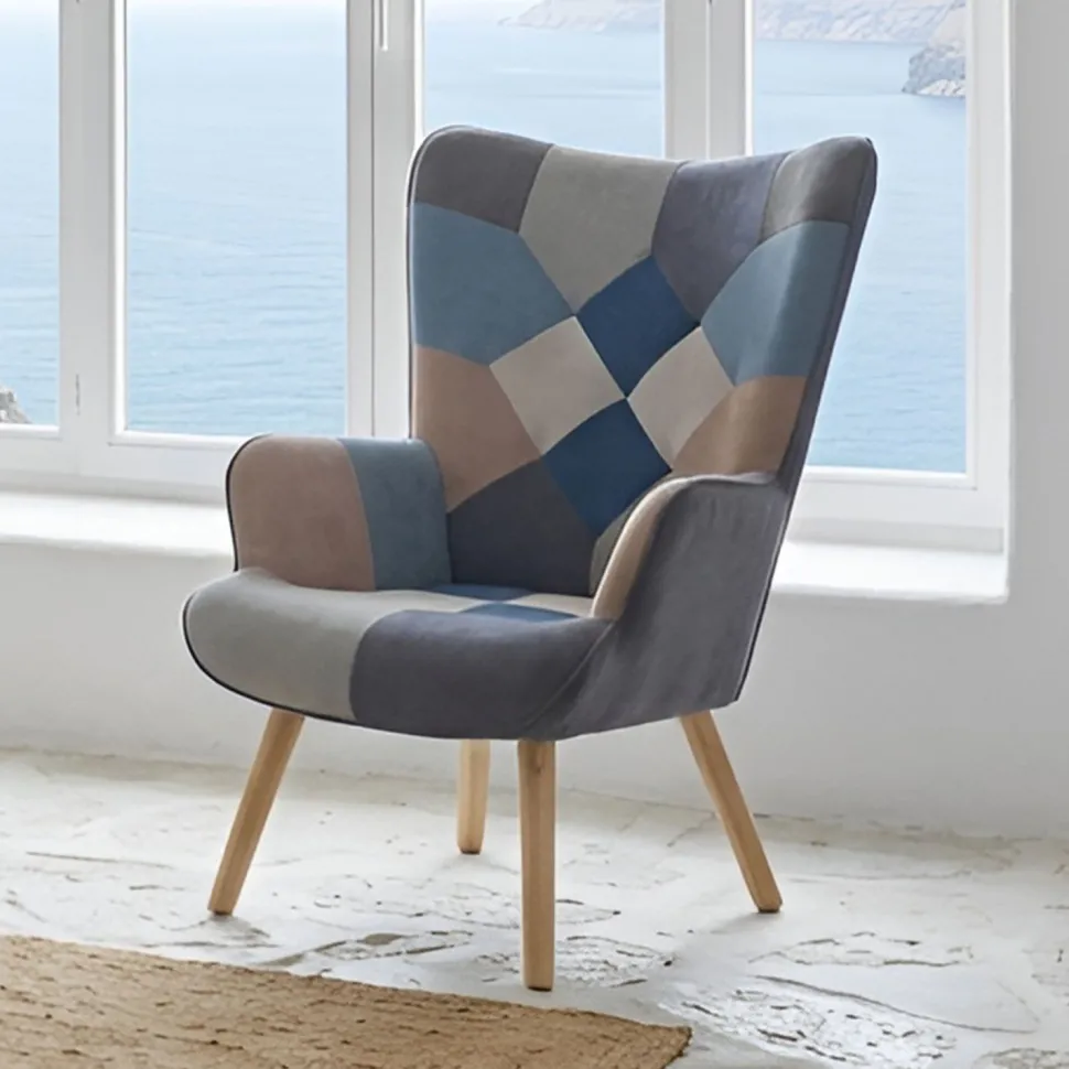 Fauteuil scandinave Lyliane Effet patchwork Velours Gris et Bleu