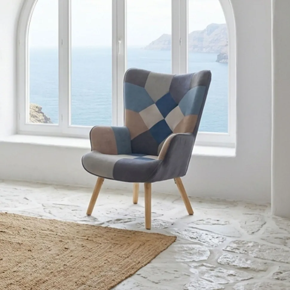 Fauteuil scandinave Lyliane Effet patchwork Velours Gris et Bleu