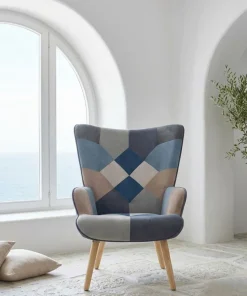 Fauteuil scandinave Lyliane Effet patchwork Velours Gris et Bleu