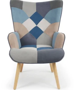Fauteuil scandinave Lyliane Effet patchwork Velours Gris et Bleu