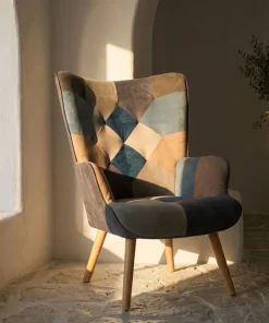 Fauteuil scandinave Lyliane Effet patchwork Velours Gris et Bleu