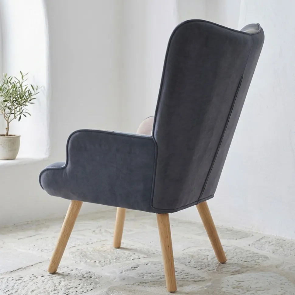 Fauteuil scandinave Lyliane Effet patchwork Velours Gris et Bleu