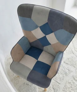 Fauteuil scandinave Lyliane Effet patchwork Velours Gris et Bleu