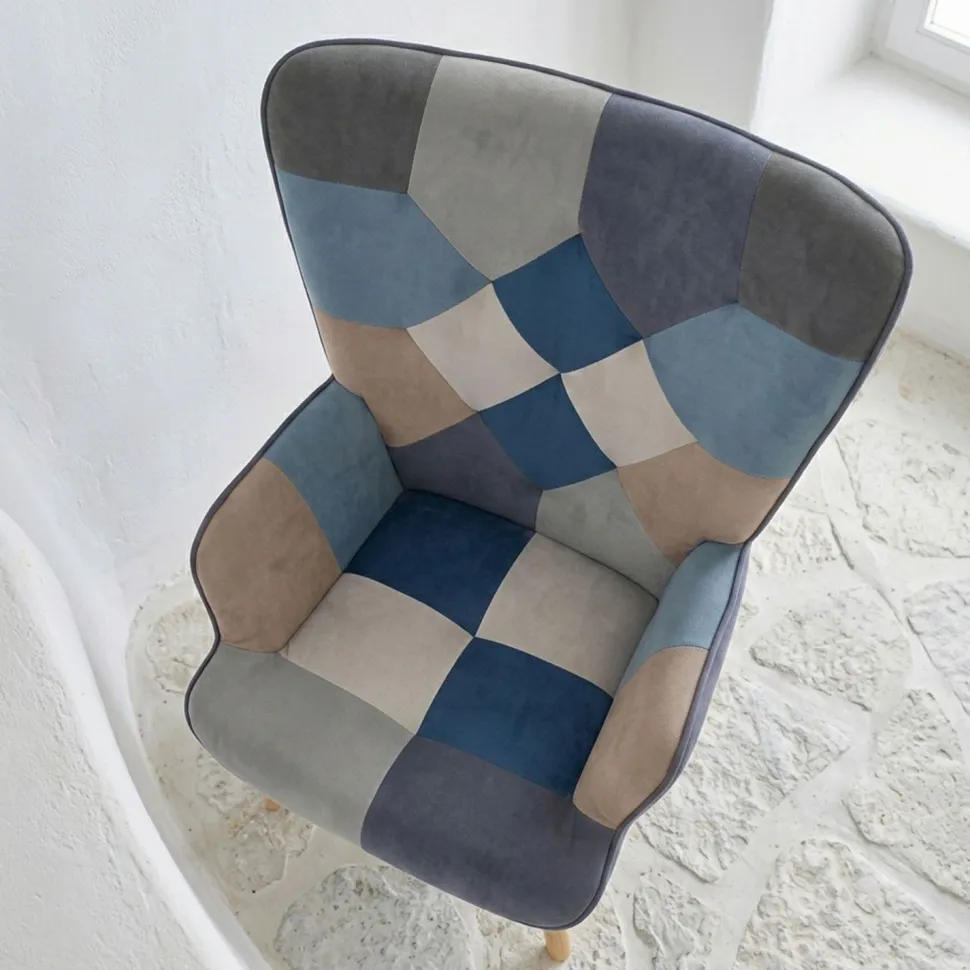 Fauteuil scandinave Lyliane Effet patchwork Velours Gris et Bleu