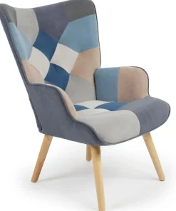 Fauteuil scandinave Lyliane Effet patchwork Velours Gris et Bleu