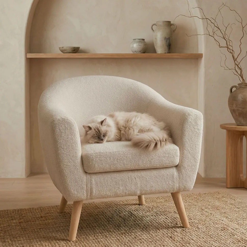 Fauteuil scandinave Savoy Tissu bouclette lainée Crème