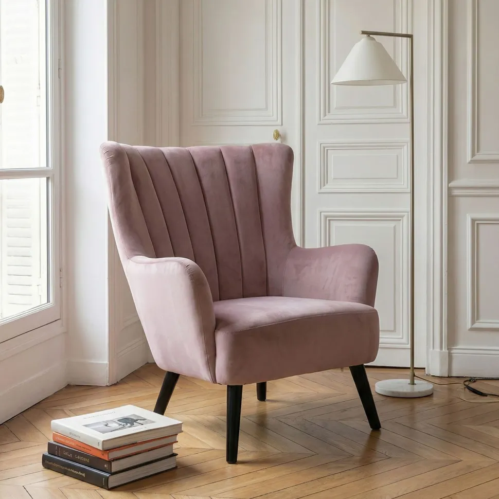 Fauteuil scandinave Vidal en Velours Rose