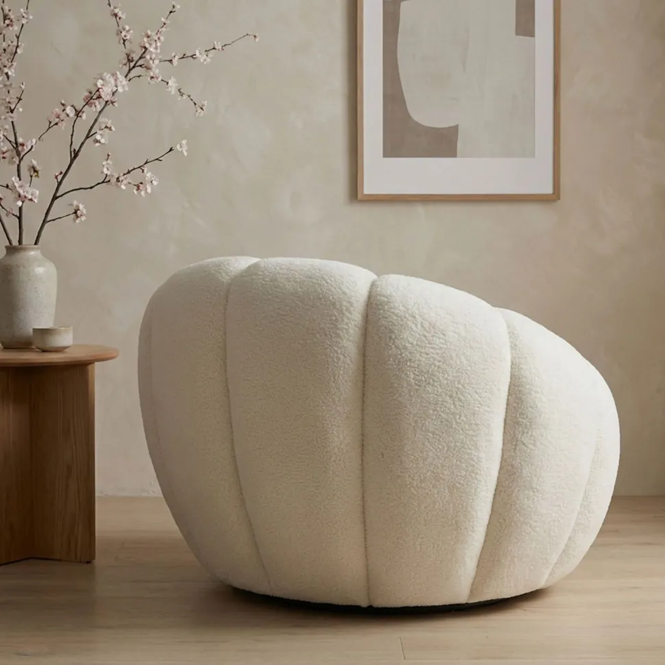 Fauteuil tournant design coquillage Arielina Tissu bouclette Beige