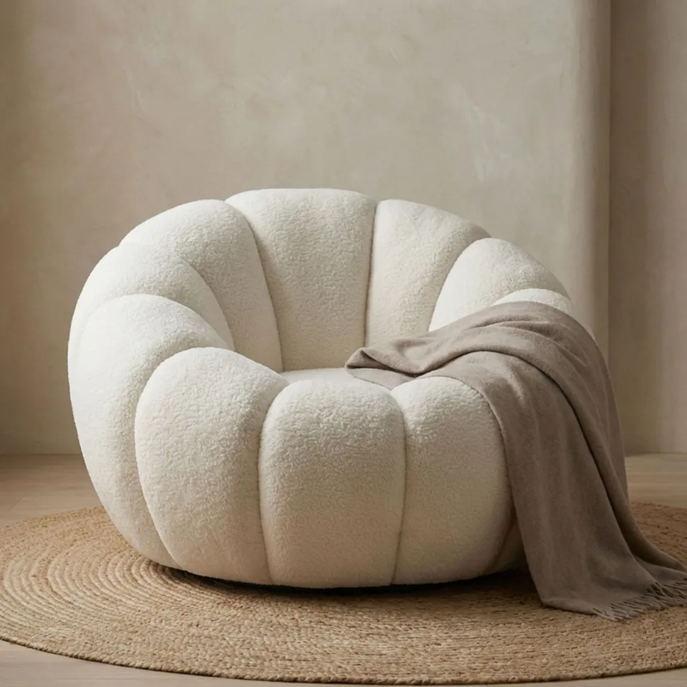 Fauteuil tournant design coquillage Arielina Tissu bouclette Beige