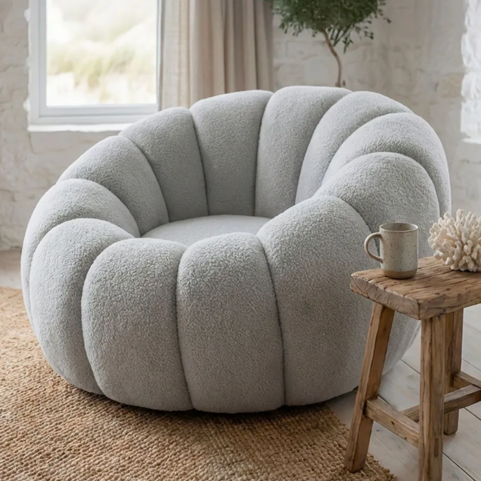 Fauteuil tournant design coquillage Arielina Tissu bouclette Gris
