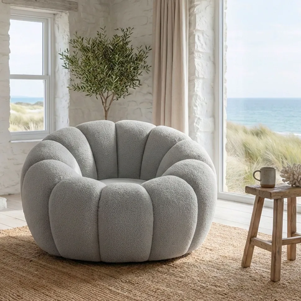 Fauteuil tournant design coquillage Arielina Tissu bouclette Gris
