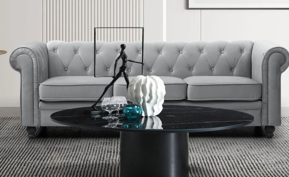 Grand canapé 3 places Chesterfield Velours Argent