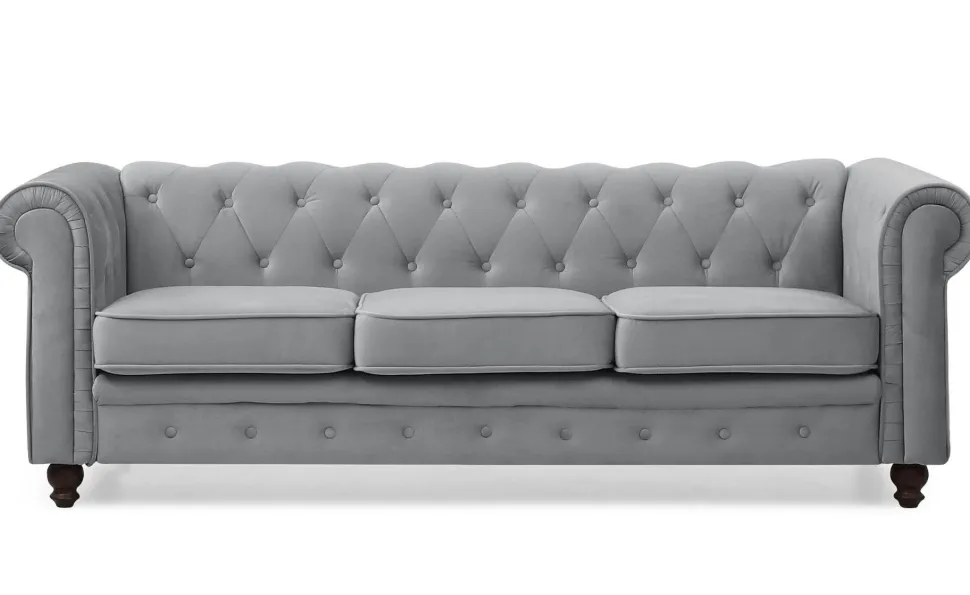Grand canapé 3 places Chesterfield Velours Argent
