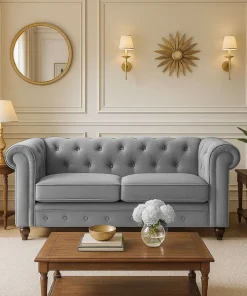 Grand canapé 2 places Chesterfield Velours Argent