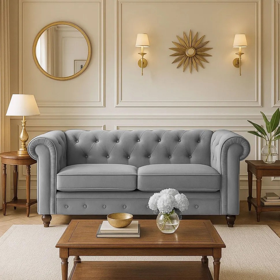 Grand canapé 2 places Chesterfield Velours Argent