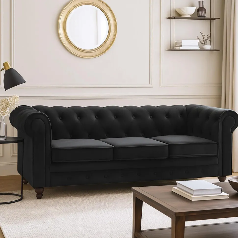 Grand canapé 3 places Chesterfield Velours Noir