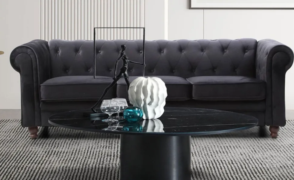 Grand canapé 3 places Chesterfield Velours Noir