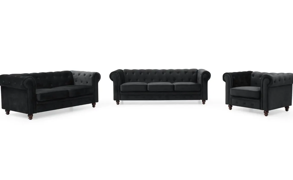 Grand canapé 3 places Chesterfield Velours Noir