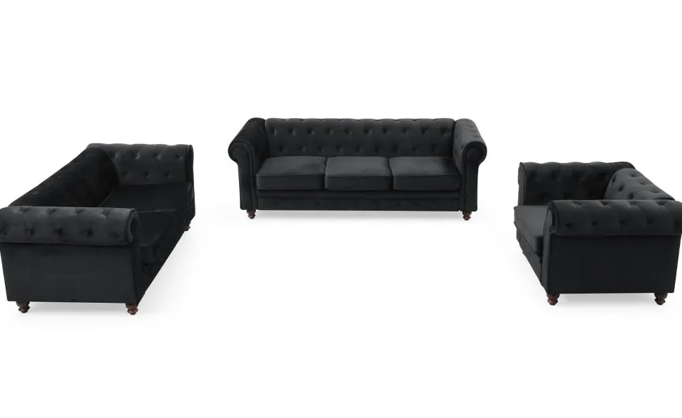 Grand canapé 3 places Chesterfield Velours Noir