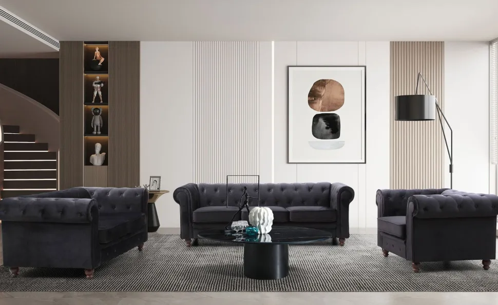 Grand canapé 3 places Chesterfield Velours Noir
