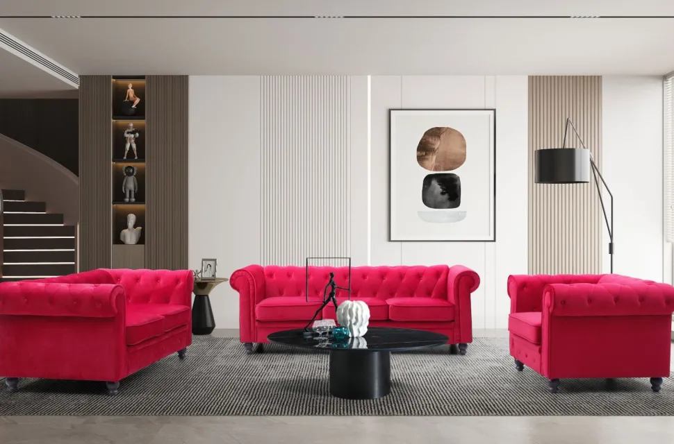 Grand canapé 3 places Chesterfield Velours Rouge
