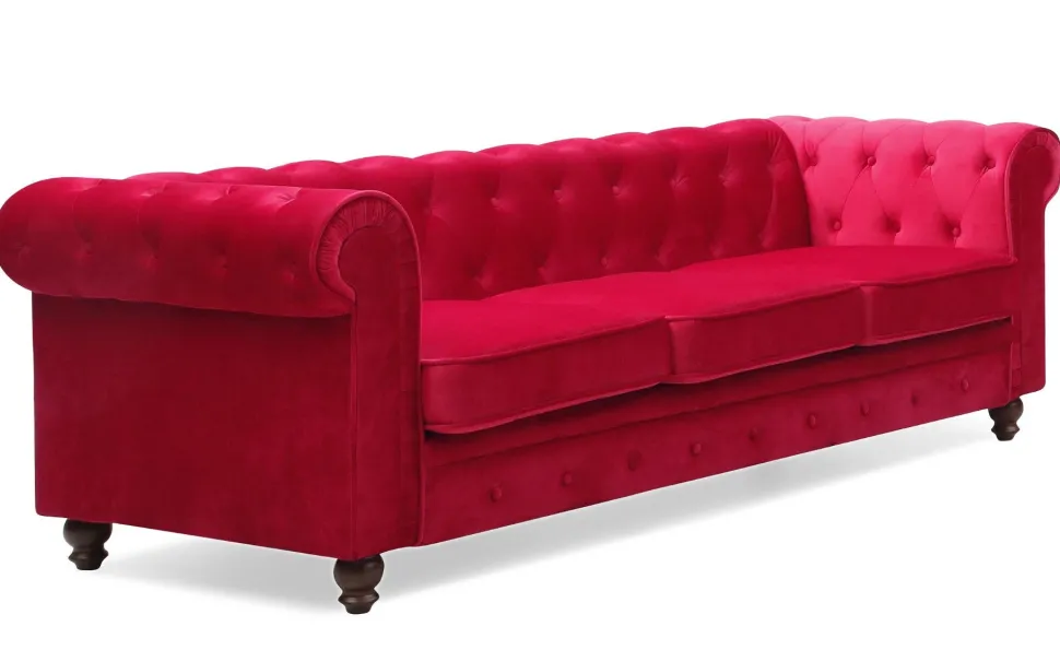 Grand canapé 3 places Chesterfield Velours Rouge