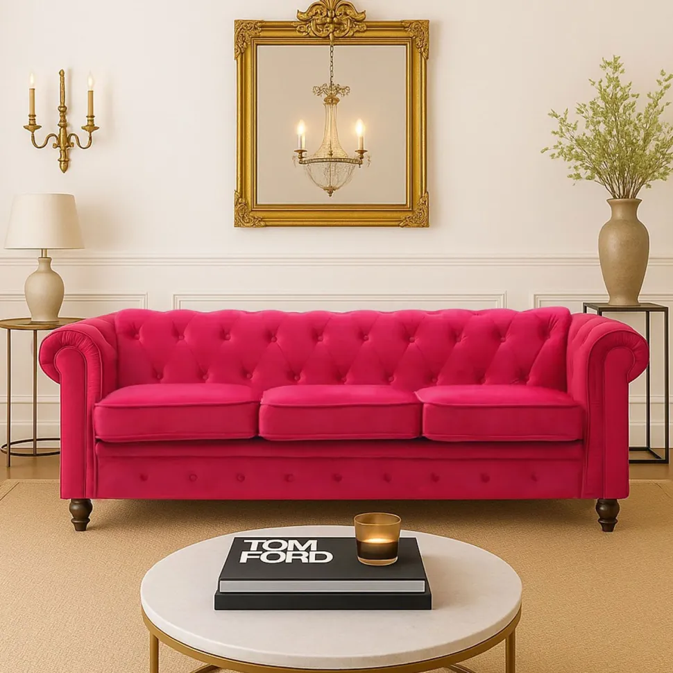 Grand canapé 3 places Chesterfield Velours Rouge