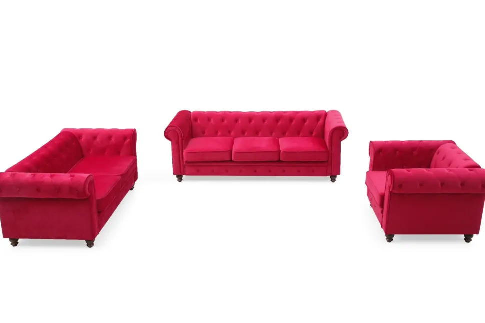 Grand canapé 3 places Chesterfield Velours Rouge