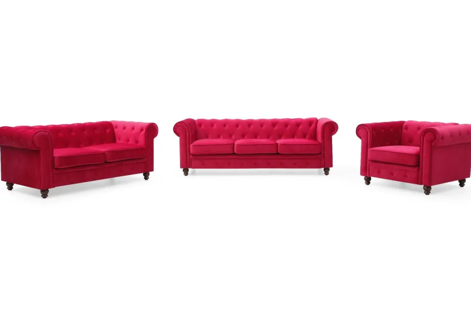 Grand canapé 3 places Chesterfield Velours Rouge