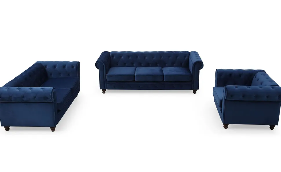 Grand canapé 3 places Chesterfield Velours Bleu