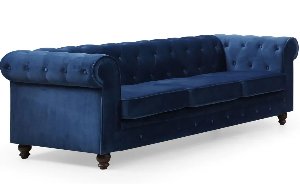 Grand canapé 3 places Chesterfield Velours Bleu