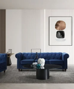 Grand canapé 3 places Chesterfield Velours Bleu