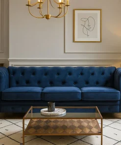 Grand canapé 3 places Chesterfield Velours Bleu