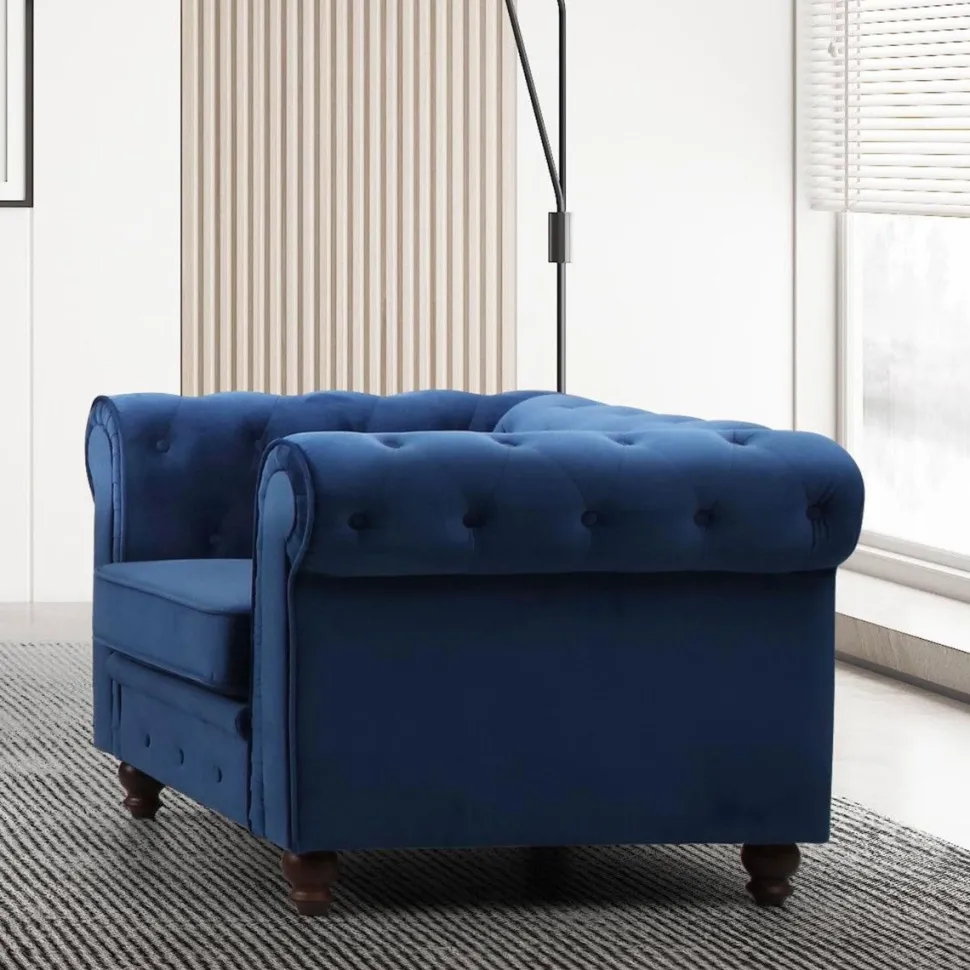 Grand fauteuil Chesterfield Velours Bleu