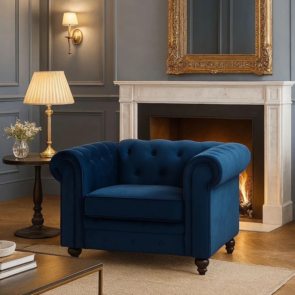 Grand fauteuil Chesterfield Velours Bleu