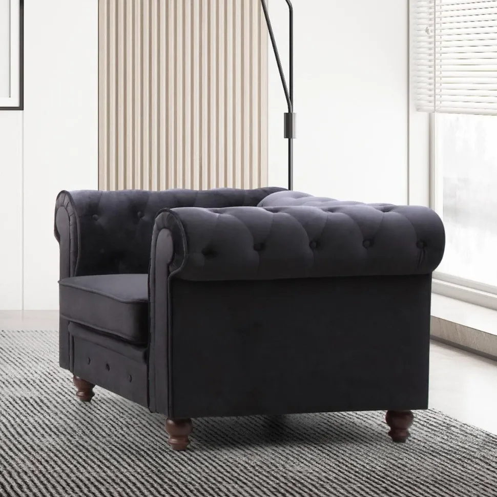 Grand fauteuil Chesterfield velours Noir