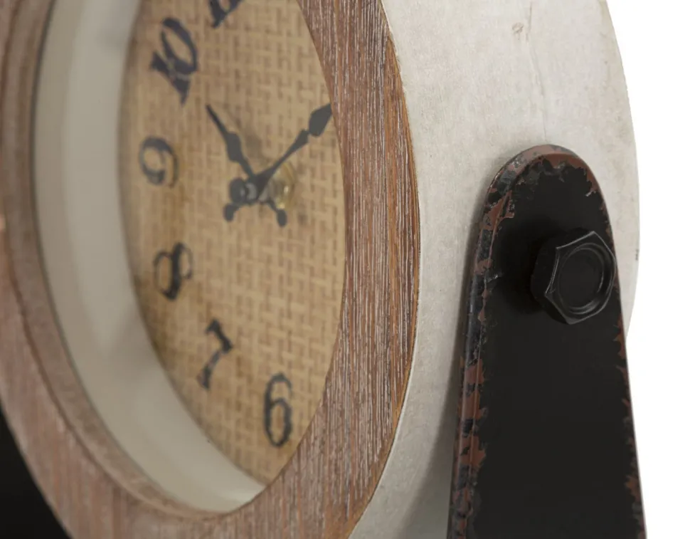 Horloge de table ronde en métal et bois marron