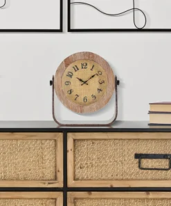Horloge de table ronde en métal et bois marron