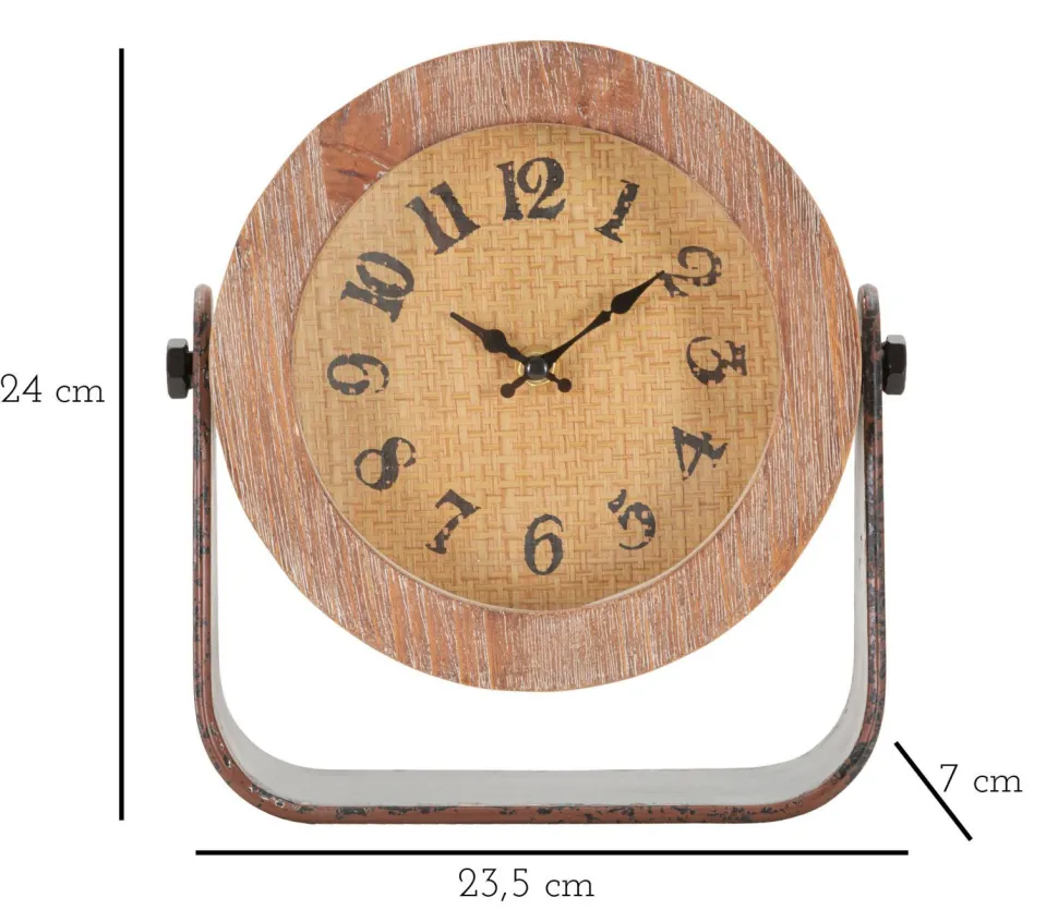 Horloge de table ronde en métal et bois marron
