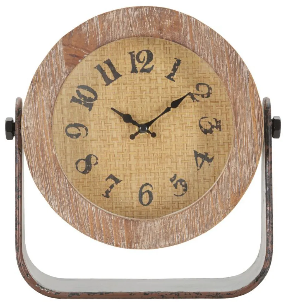 Horloge de table ronde en métal et bois marron