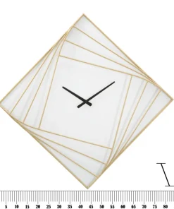 Horloge murale carrée métal doré et plastique blanc