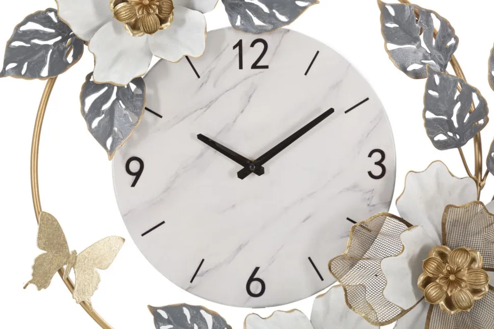 Horloge murale décorée fleurs et feuilles cadran marbre