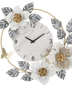 Horloge murale décorée fleurs et feuilles cadran marbre