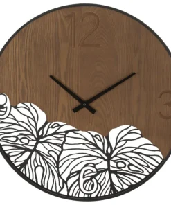 Horloge murale ronde Bois Métalisé décor feuille Noir Marron
