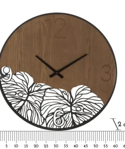 Horloge murale ronde Bois Métalisé décor feuille Noir Marron