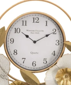 Horloge murale ronde 3D en fer et plastique décor fleurs et feuilles couleurs Vives et Blanc