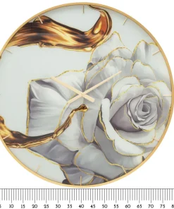 Horloge murale ronde décorée d'une rose cadre doré en verre et M.D.F.