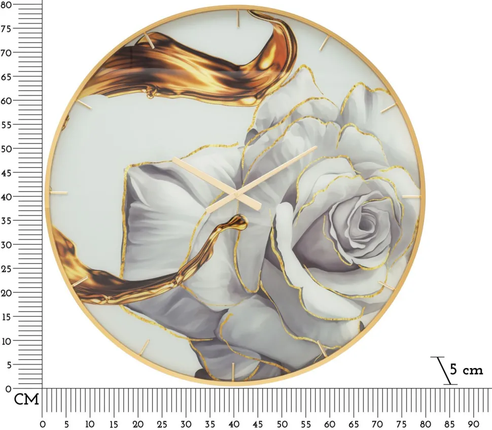 Horloge murale ronde décorée d'une rose cadre doré en verre et M.D.F.