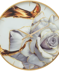 Horloge murale ronde décorée d'une rose cadre doré verre M.D.F métal