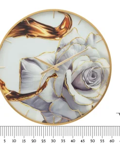 Horloge murale ronde décorée d'une rose cadre doré verre M.D.F métal